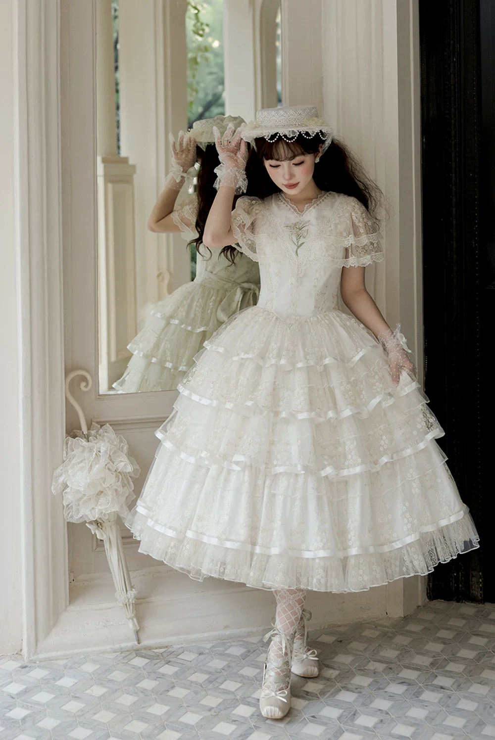 Morning Dew Lily - White Classic Lolita OP Dress, Tiered Skirt - Image 7