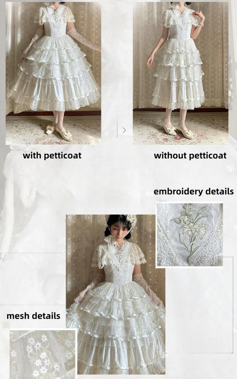 Morning Dew Lily - White Classic Lolita OP Dress, Tiered Skirt - Image 9