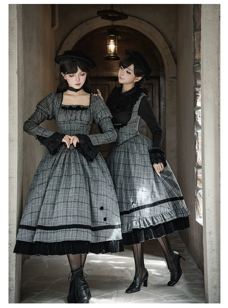 With PUJI - Yesterday's Epistle - Winter Classic Lolita Plaid Dress Set, Fishbone Waist - Image 11