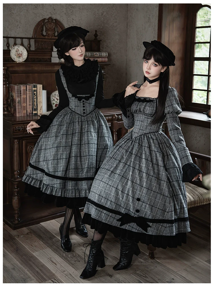 With PUJI - Yesterday's Epistle - Winter Classic Lolita Plaid Dress Set, Fishbone Waist - Image 15