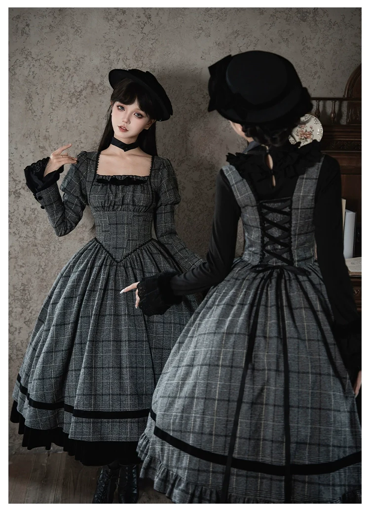With PUJI - Yesterday's Epistle - Winter Classic Lolita Plaid Dress Set, Fishbone Waist - Image 16