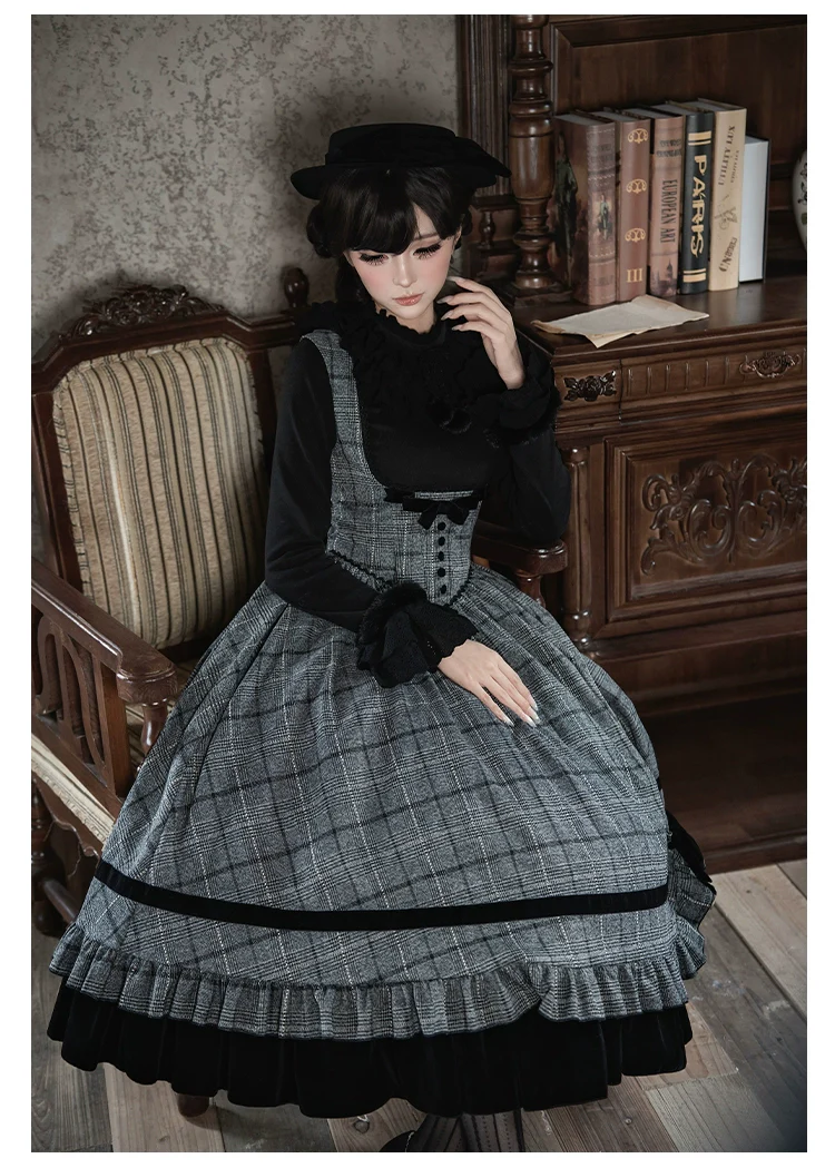 With PUJI - Yesterday's Epistle - Winter Classic Lolita Plaid Dress Set, Fishbone Waist - Image 19