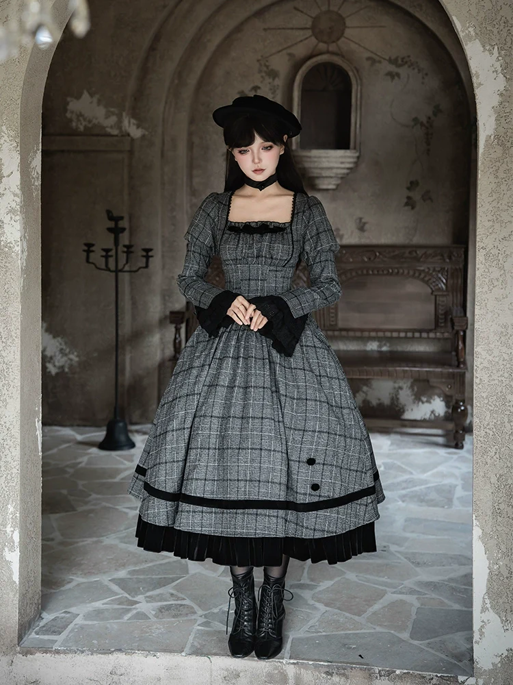 With PUJI - Yesterday's Epistle - Winter Classic Lolita Plaid Dress Set, Fishbone Waist - Image 20