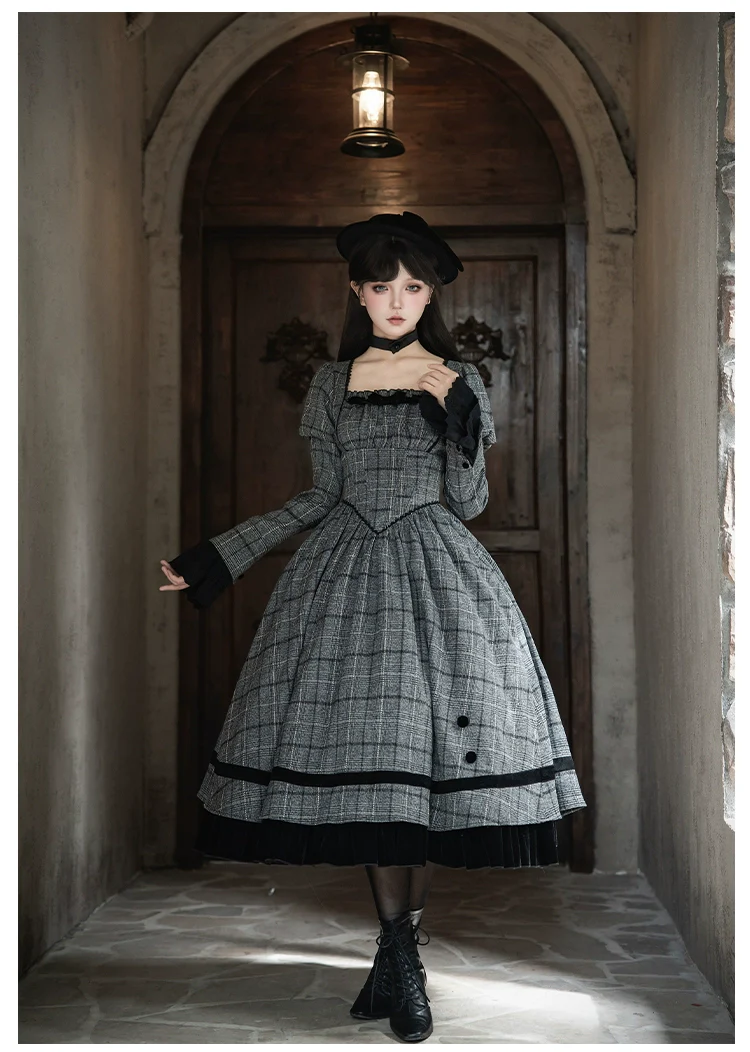 With PUJI - Yesterday's Epistle - Winter Classic Lolita Plaid Dress Set, Fishbone Waist - Image 21