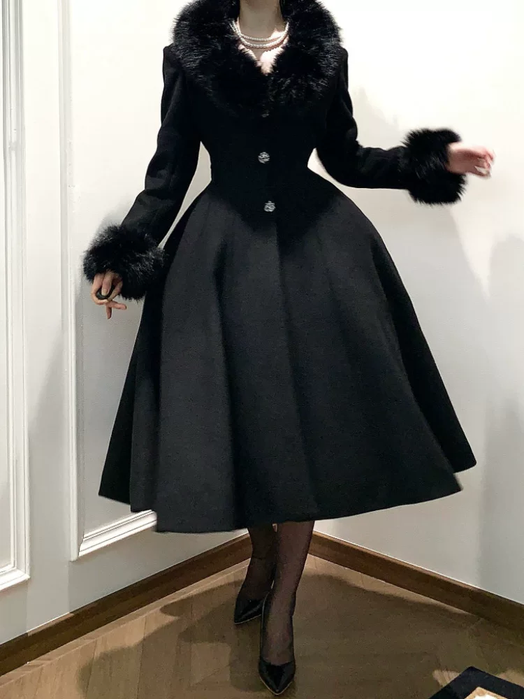 Black Mamba - Winter Elegant Lolita Coat, Detachable Fur Collar - Image 5