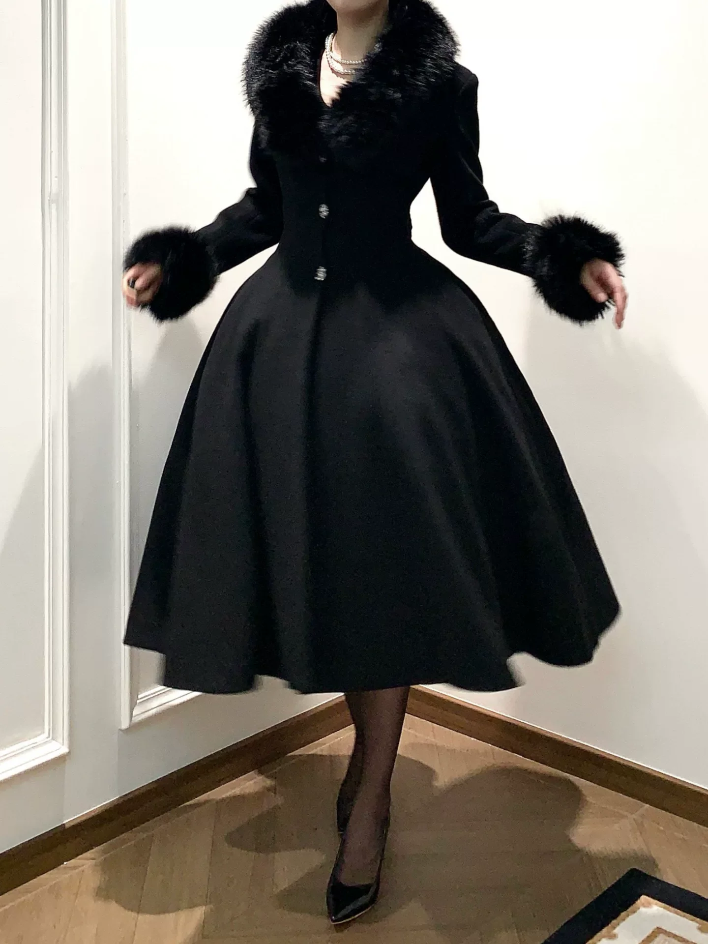 Black Mamba - Winter Elegant Lolita Coat, Detachable Fur Collar - Image 7