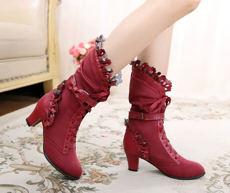 Meteorite's Wound - Winter Gothic Lolita Boots Dark Velvet Mid-Calf Heels - Image 12