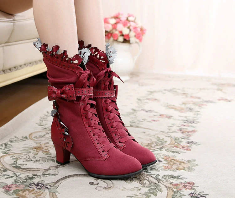 Meteorite's Wound - Winter Gothic Lolita Boots Dark Velvet Mid-Calf Heels - Image 13