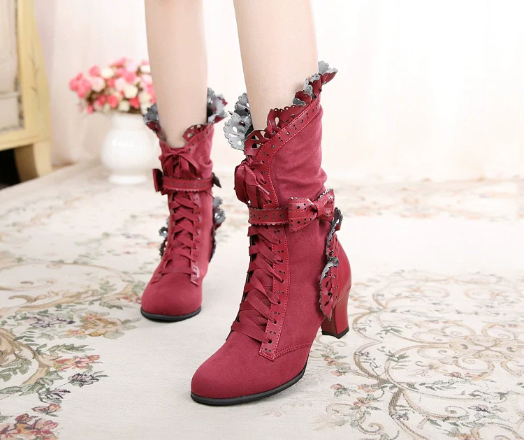 Meteorite's Wound - Winter Gothic Lolita Boots Dark Velvet Mid-Calf Heels - Image 15