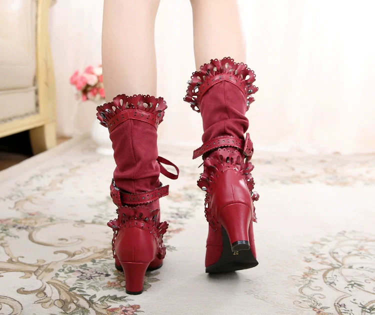 Meteorite's Wound - Winter Gothic Lolita Boots Dark Velvet Mid-Calf Heels - Image 17