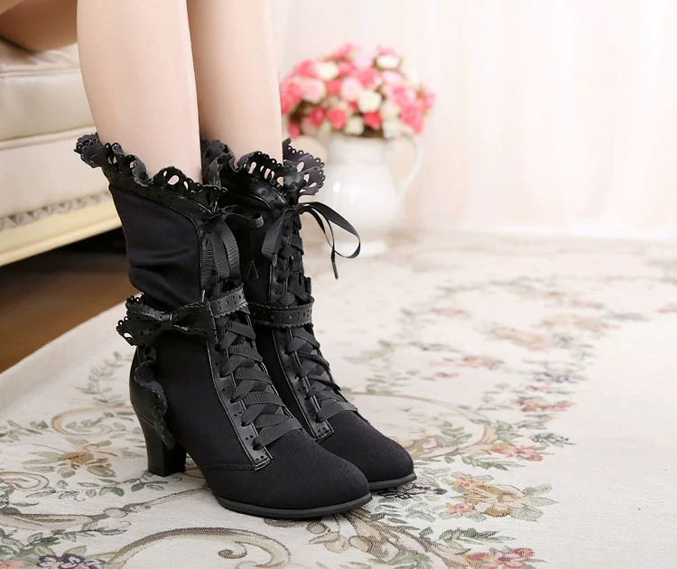 Meteorite's Wound - Winter Gothic Lolita Boots Dark Velvet Mid-Calf Heels - Image 19