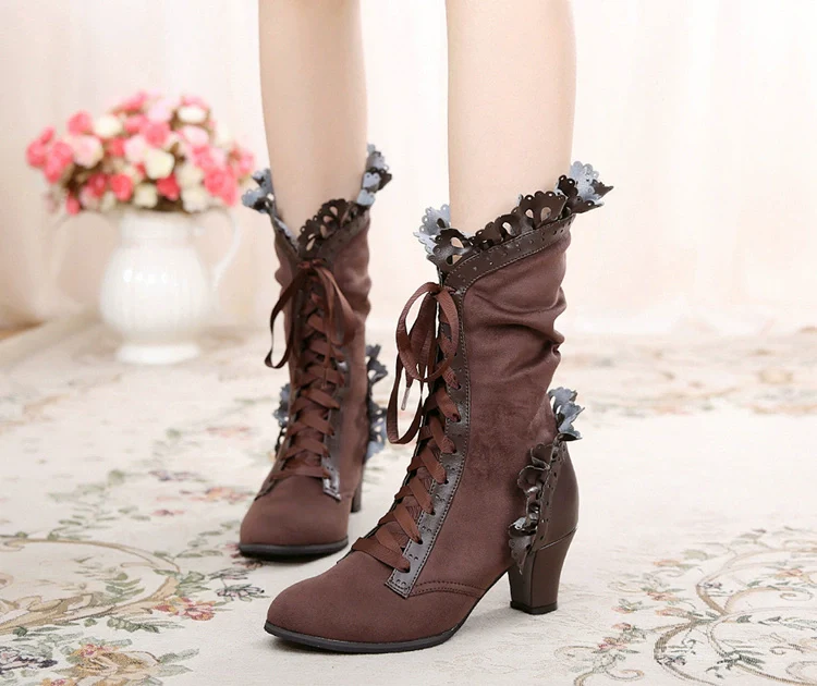 Meteorite's Wound - Winter Gothic Lolita Boots Dark Velvet Mid-Calf Heels - Image 2