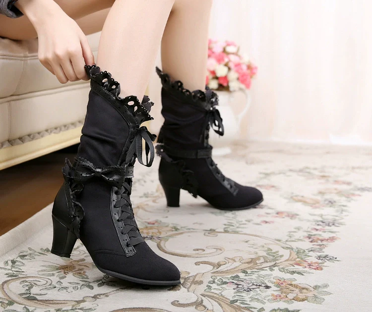 Meteorite's Wound - Winter Gothic Lolita Boots Dark Velvet Mid-Calf Heels - Image 21