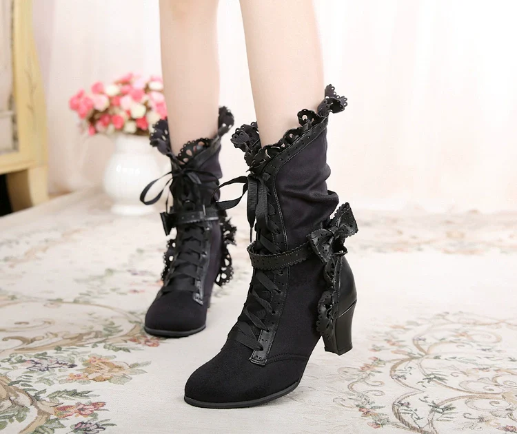 Meteorite's Wound - Winter Gothic Lolita Boots Dark Velvet Mid-Calf Heels - Image 22