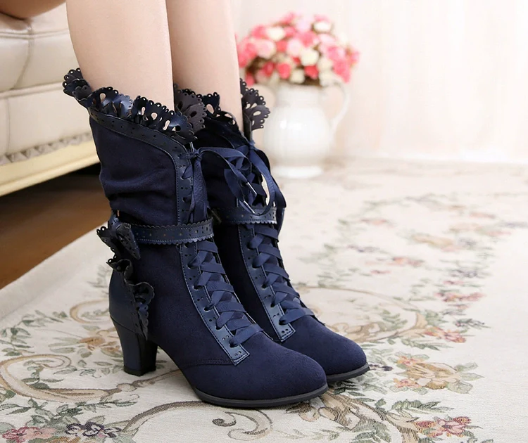 Meteorite's Wound - Winter Gothic Lolita Boots Dark Velvet Mid-Calf Heels - Image 25