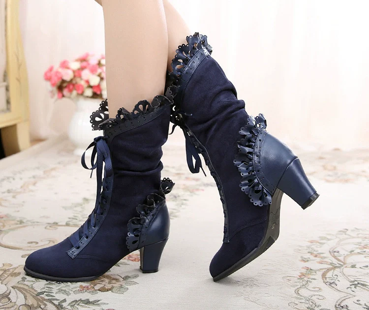 Meteorite's Wound - Winter Gothic Lolita Boots Dark Velvet Mid-Calf Heels - Image 26