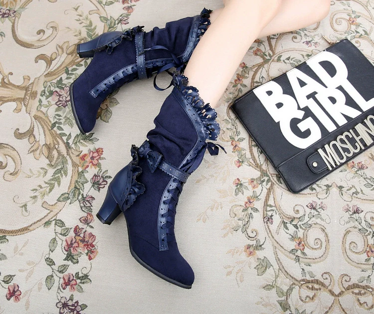 Meteorite's Wound - Winter Gothic Lolita Boots Dark Velvet Mid-Calf Heels - Image 27