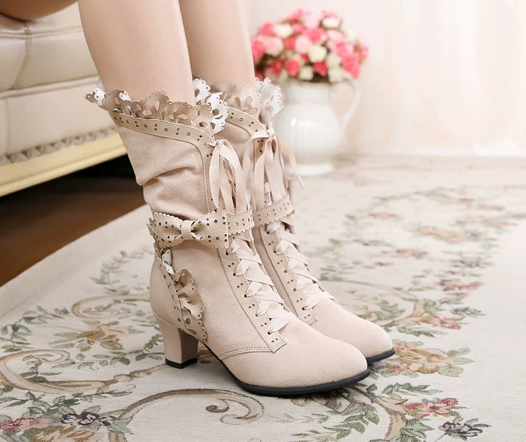 Meteorite's Wound - Winter Gothic Lolita Boots Dark Velvet Mid-Calf Heels - Image 30