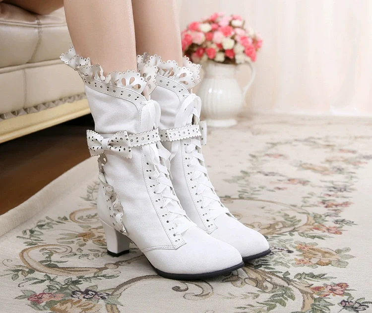 Meteorite's Wound - Winter Gothic Lolita Boots Dark Velvet Mid-Calf Heels - Image 37