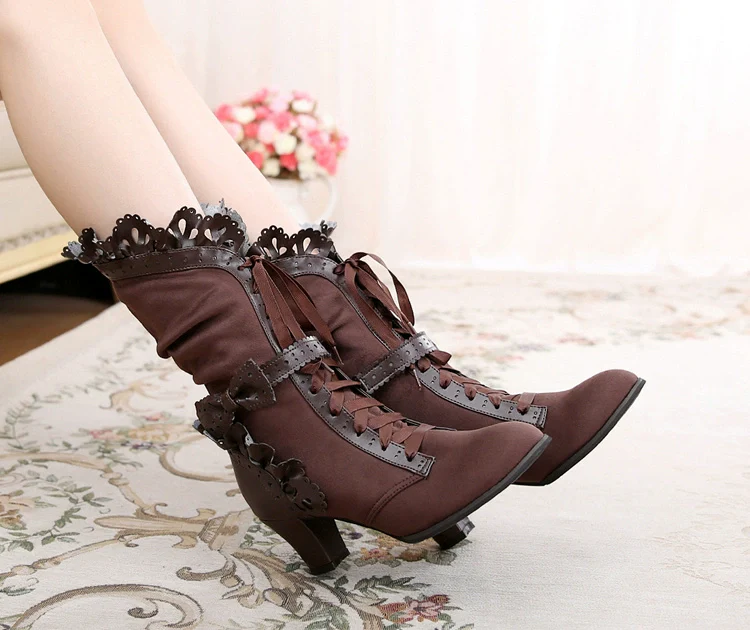 Meteorite's Wound - Winter Gothic Lolita Boots Dark Velvet Mid-Calf Heels - Image 4