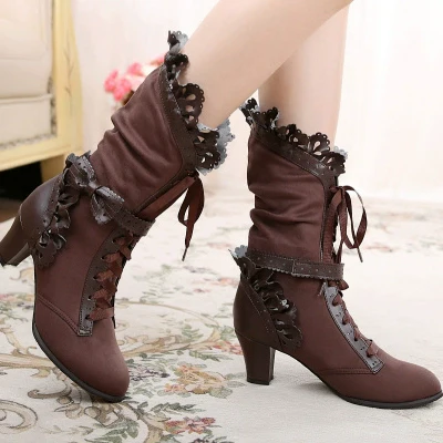 Meteorite's Wound - Winter Gothic Lolita Boots Dark Velvet Mid-Calf Heels - Image 7