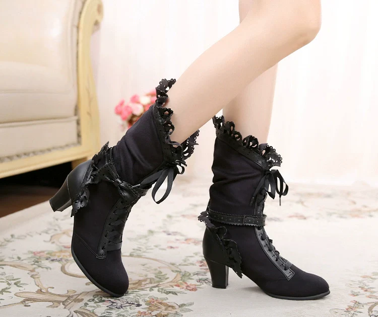 Meteorite's Wound - Winter Gothic Lolita Boots Dark Velvet Mid-Calf Heels - Image 8