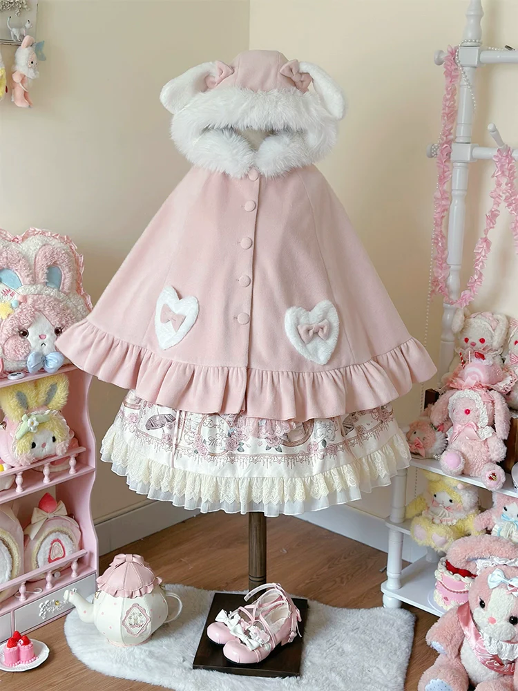 Winter Kawaii Lolita Cape with Bunny Ear Hood - Image 11