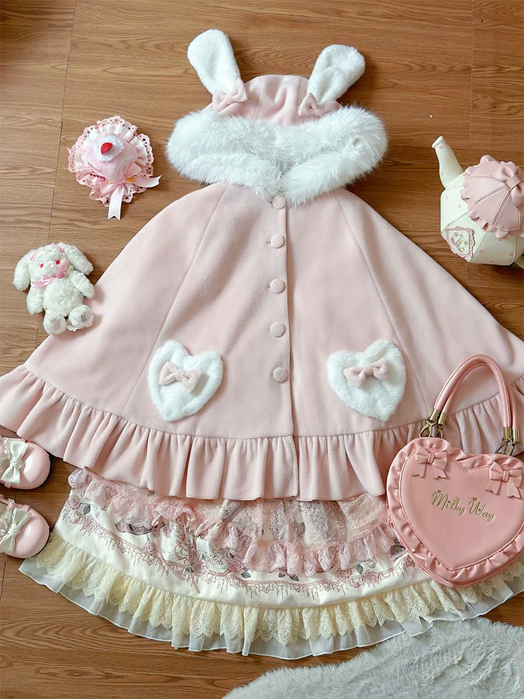 Winter Kawaii Lolita Cape with Bunny Ear Hood - Image 14