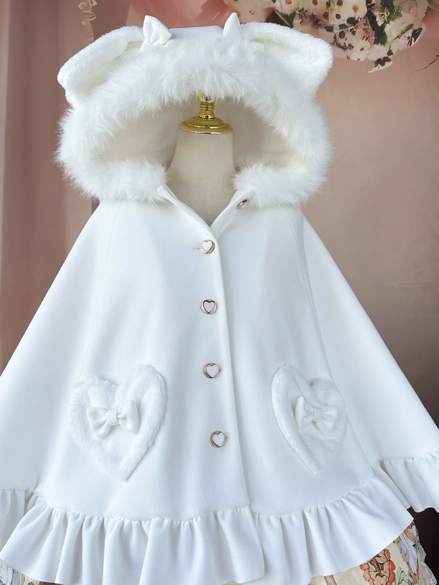 Winter Kawaii Lolita Cape with Bunny Ear Hood - Image 3