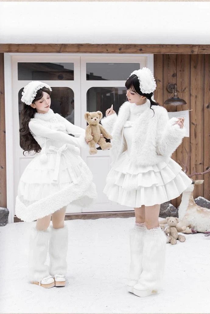 With PUJI - White Choco - Winter Kawaii Lolita JSK Dress Set, Fluffy Accents - Image 10