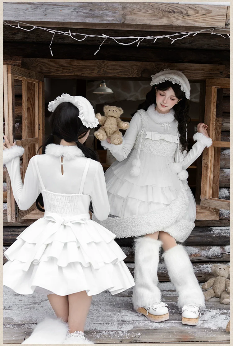 With PUJI - White Choco - Winter Kawaii Lolita JSK Dress Set, Fluffy Accents - Image 11