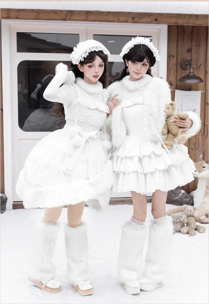 With PUJI - White Choco - Winter Kawaii Lolita JSK Dress Set, Fluffy Accents - Image 12