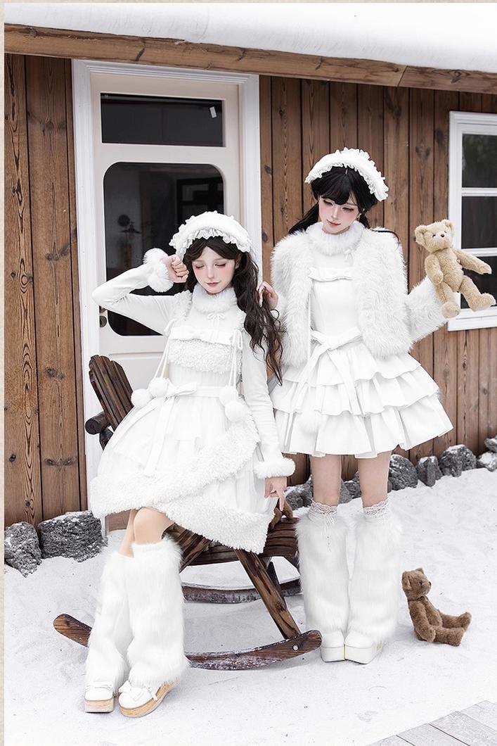 With PUJI - White Choco - Winter Kawaii Lolita JSK Dress Set, Fluffy Accents - Image 13