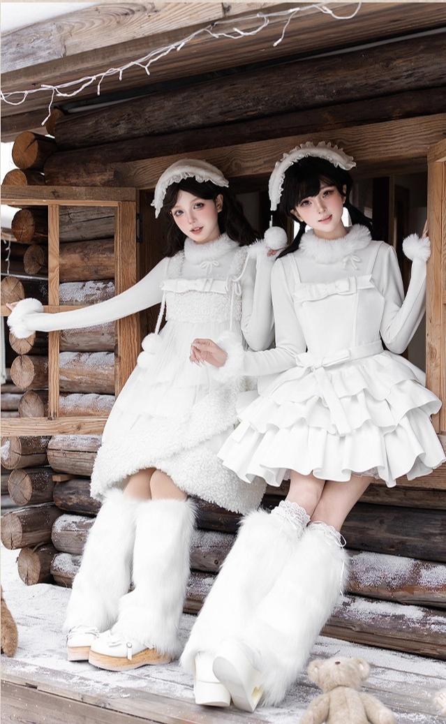 With PUJI - White Choco - Winter Kawaii Lolita JSK Dress Set, Fluffy Accents - Image 14