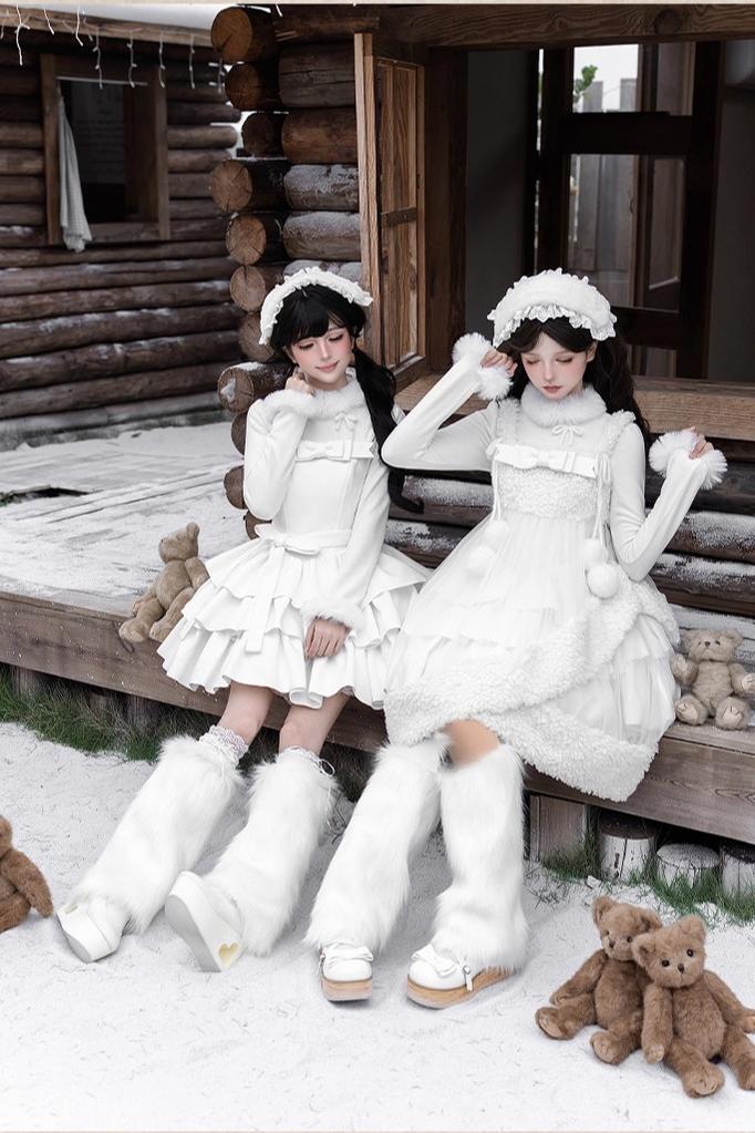 With PUJI - White Choco - Winter Kawaii Lolita JSK Dress Set, Fluffy Accents - Image 15