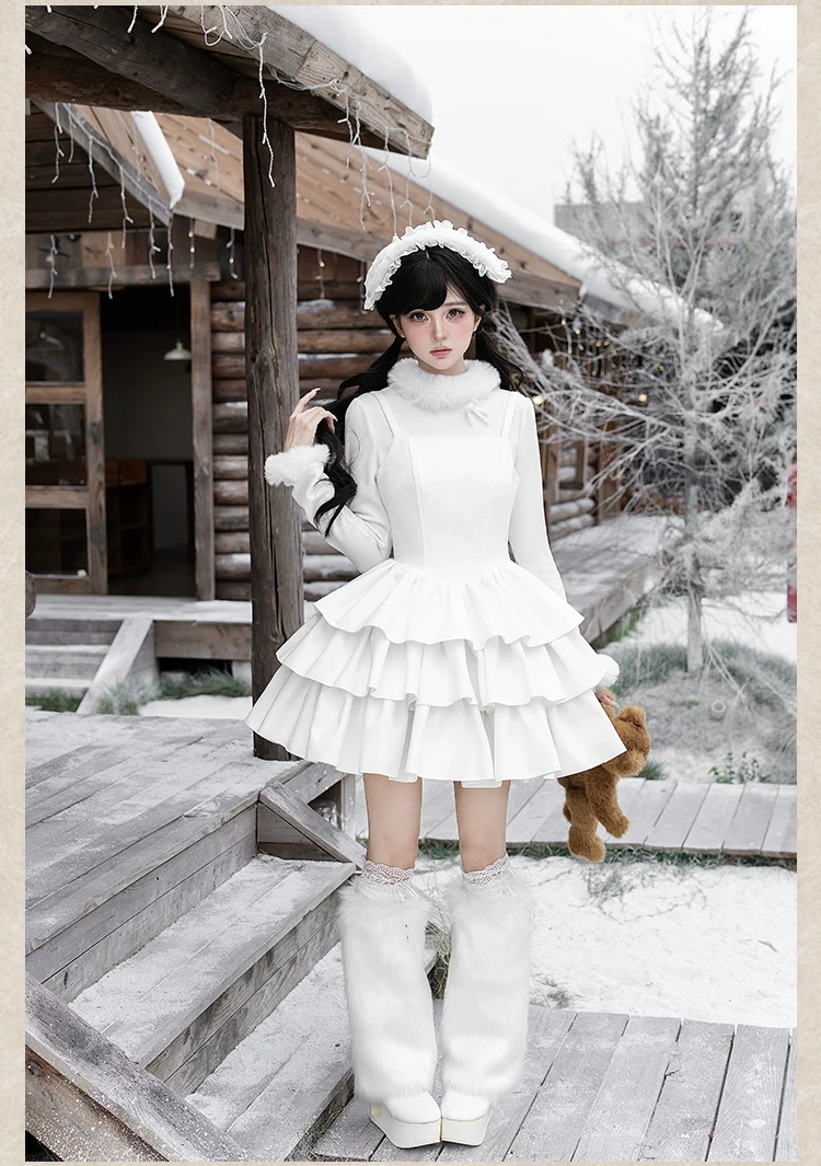 With PUJI - White Choco - Winter Kawaii Lolita JSK Dress Set, Fluffy Accents - Image 16
