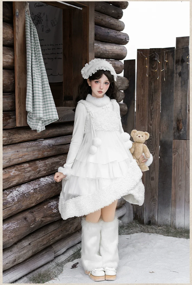 With PUJI - White Choco - Winter Kawaii Lolita JSK Dress Set, Fluffy Accents - Image 17