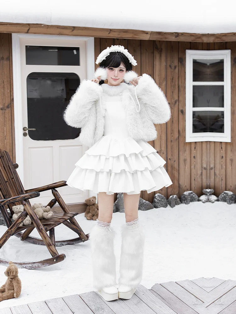 With PUJI - White Choco - Winter Kawaii Lolita JSK Dress Set, Fluffy Accents - Image 18