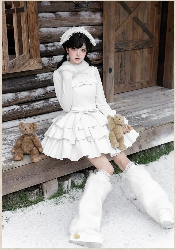 With PUJI - White Choco - Winter Kawaii Lolita JSK Dress Set, Fluffy Accents - Image 19