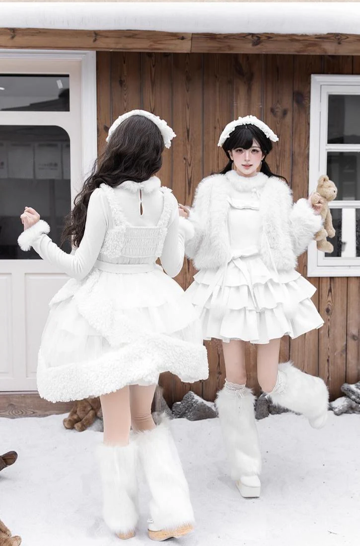 With PUJI - White Choco - Winter Kawaii Lolita JSK Dress Set, Fluffy Accents - Image 2