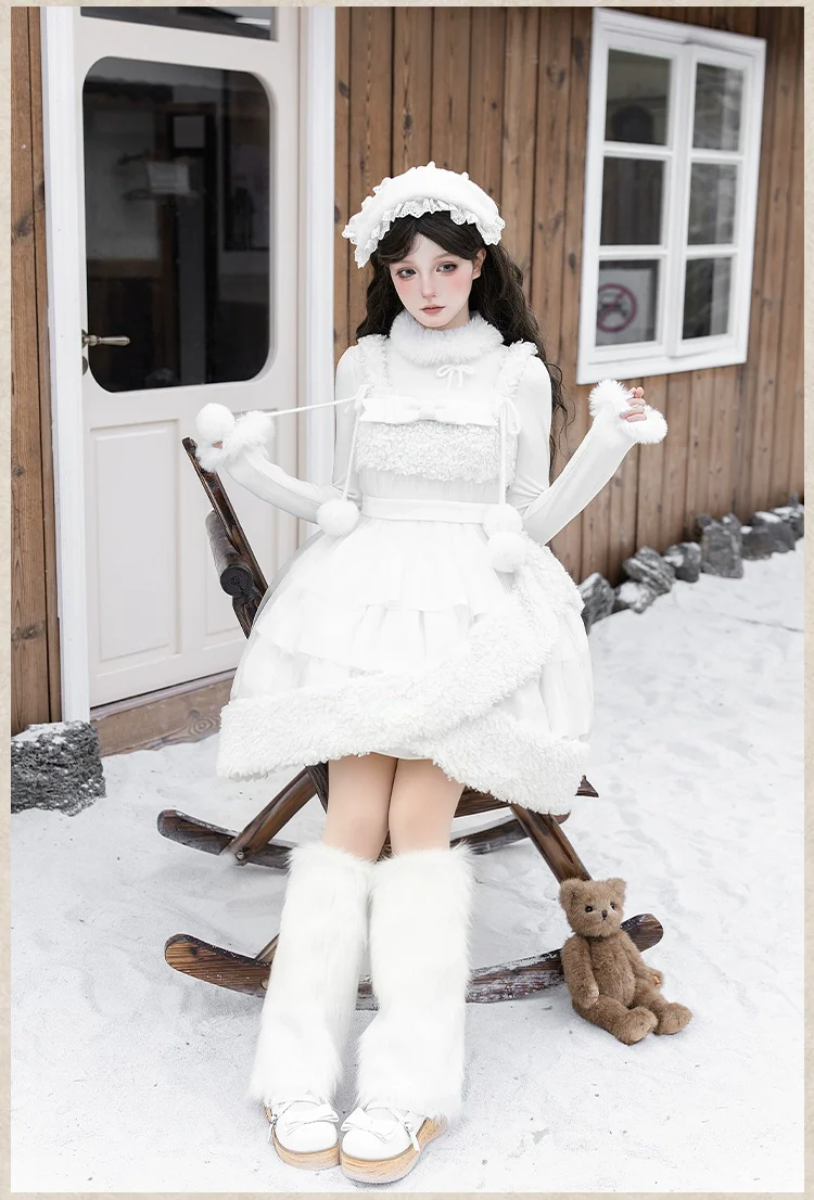With PUJI - White Choco - Winter Kawaii Lolita JSK Dress Set, Fluffy Accents - Image 20