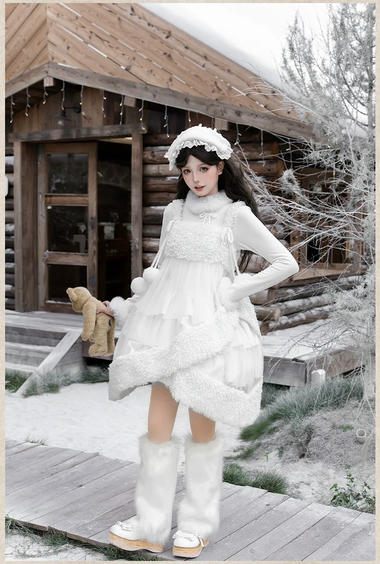 With PUJI - White Choco - Winter Kawaii Lolita JSK Dress Set, Fluffy Accents - Image 21