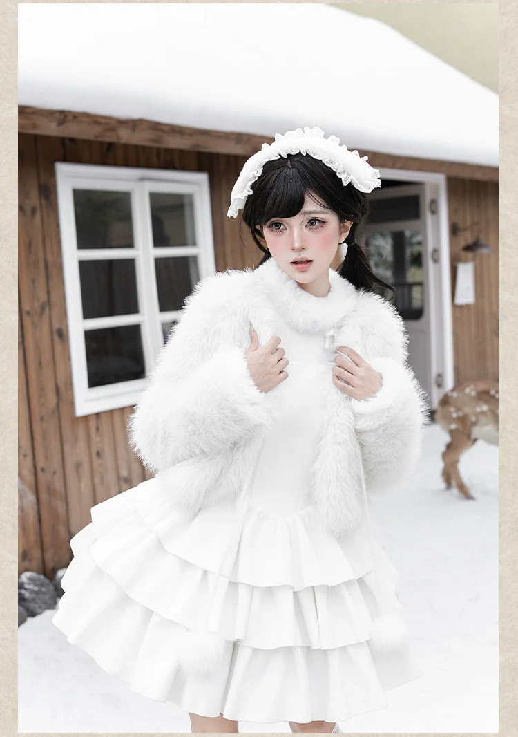 With PUJI - White Choco - Winter Kawaii Lolita JSK Dress Set, Fluffy Accents - Image 22