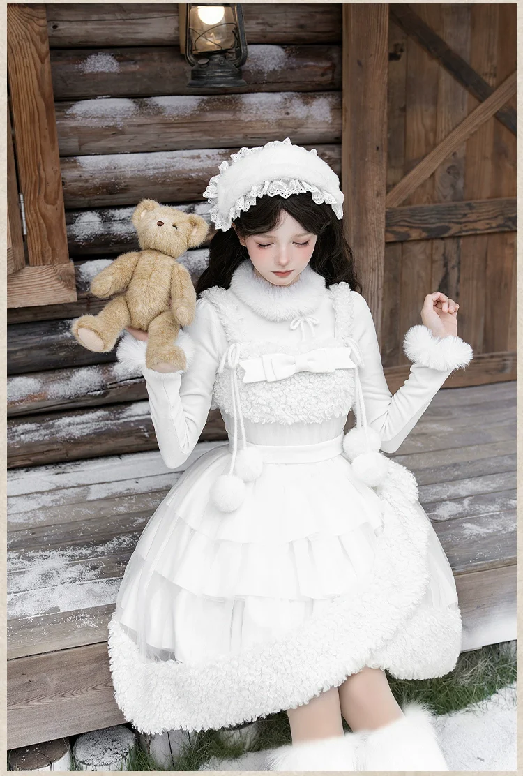 With PUJI - White Choco - Winter Kawaii Lolita JSK Dress Set, Fluffy Accents - Image 23