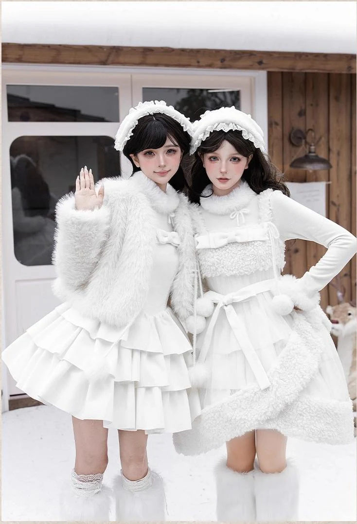 With PUJI - White Choco - Winter Kawaii Lolita JSK Dress Set, Fluffy Accents - Image 3