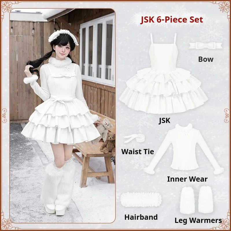 With PUJI - White Choco - Winter Kawaii Lolita JSK Dress Set, Fluffy Accents - Image 31