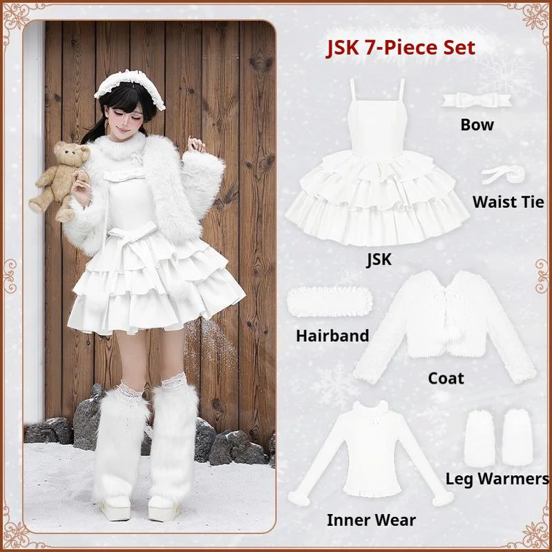 With PUJI - White Choco - Winter Kawaii Lolita JSK Dress Set, Fluffy Accents - Image 32