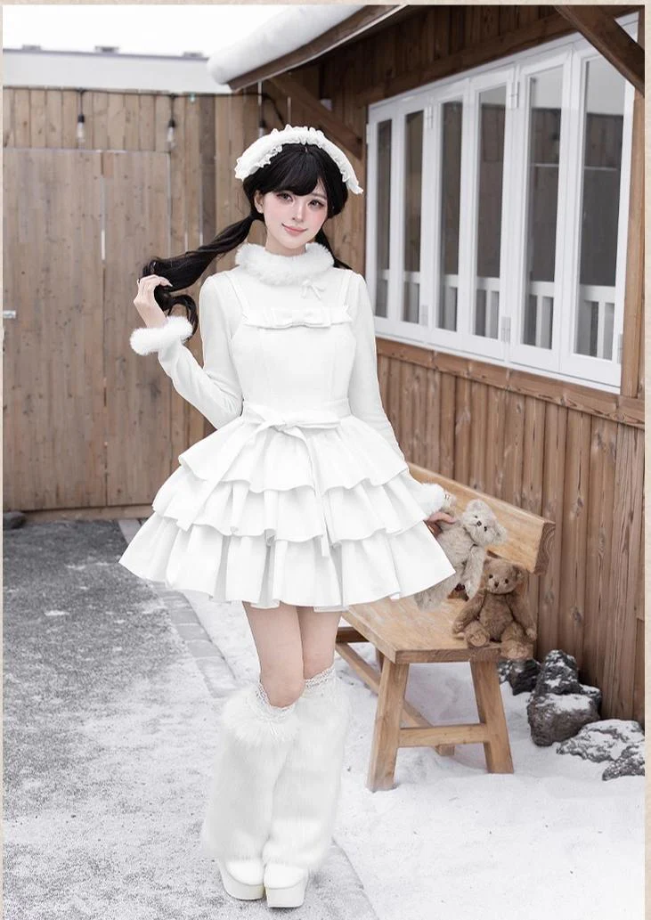 With PUJI - White Choco - Winter Kawaii Lolita JSK Dress Set, Fluffy Accents - Image 4