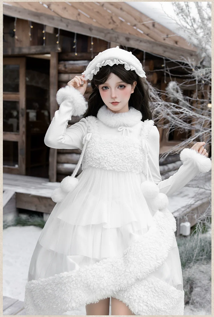With PUJI - White Choco - Winter Kawaii Lolita JSK Dress Set, Fluffy Accents - Image 5