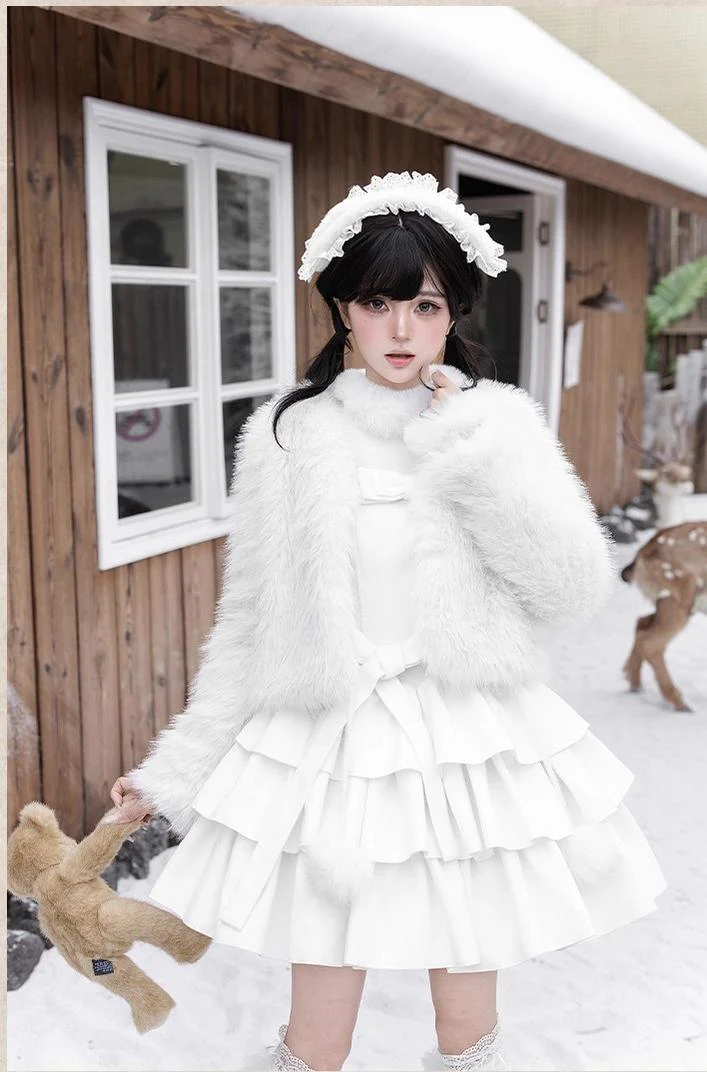 With PUJI - White Choco - Winter Kawaii Lolita JSK Dress Set, Fluffy Accents - Image 6